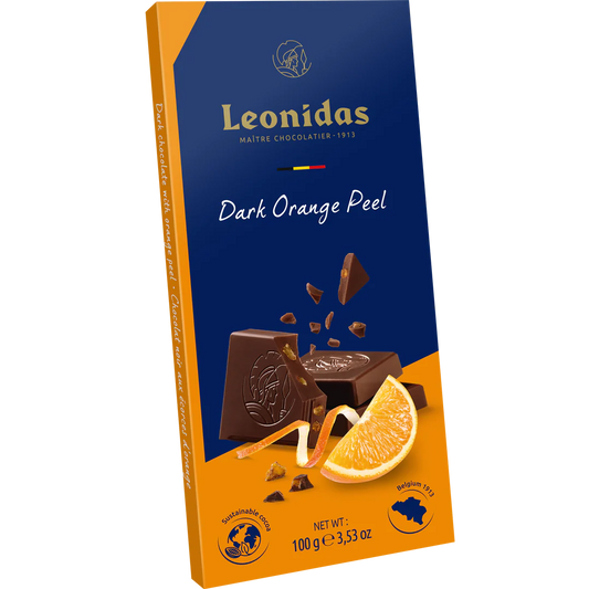 შავი შოკოლადის ფილა ნარინჯის კანის ნაჭრებით, 100 გ